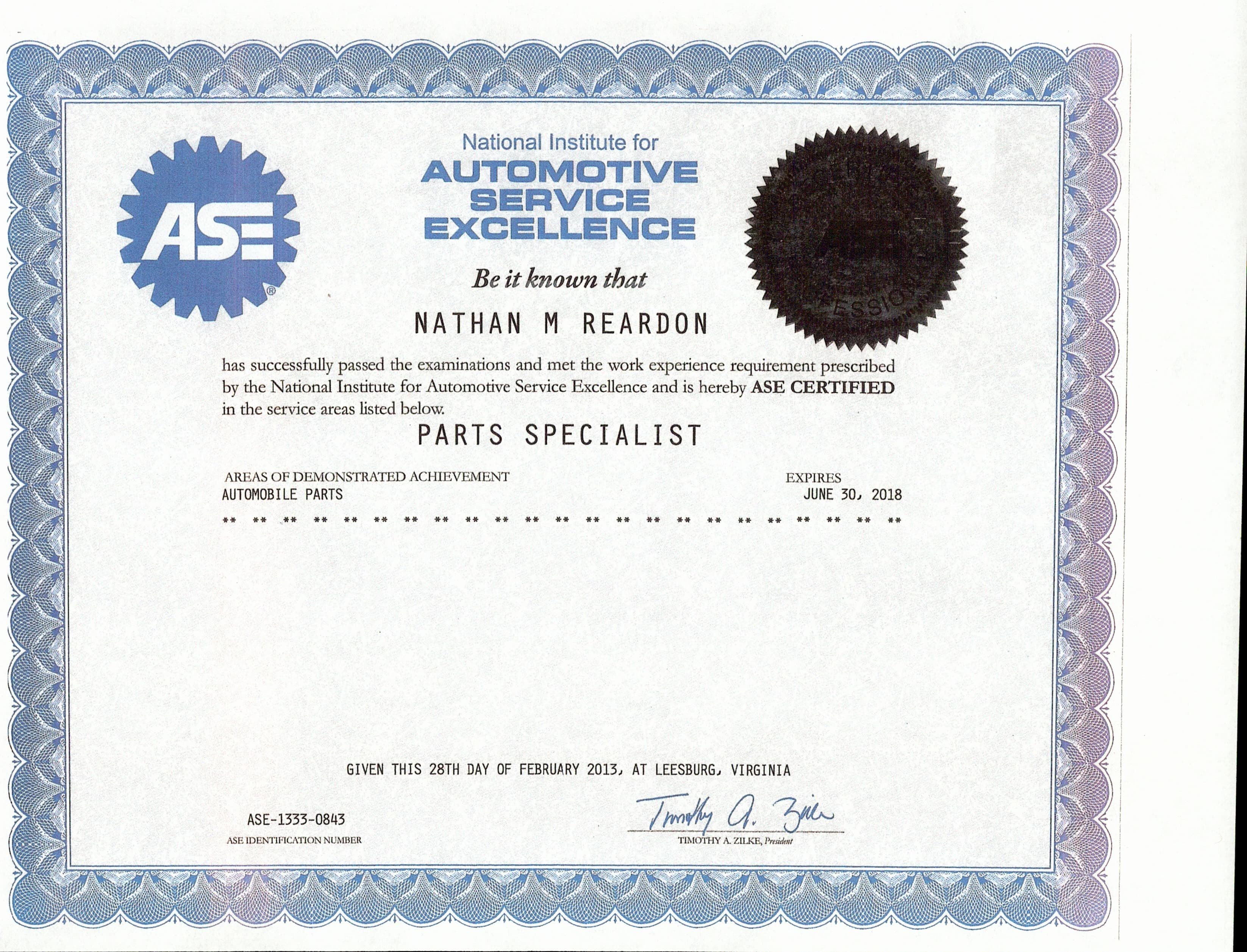 ASE Certificate 5